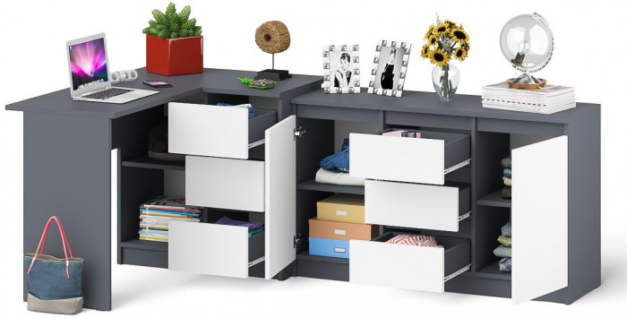 Мори Стол компьютерный МС-16 правый + Комод МК1200.3, цвет графит/белый, ШхГхВ 244,8х84,9х76,6 см., выдвижные ящики справа, НЕ универсальная сборка
