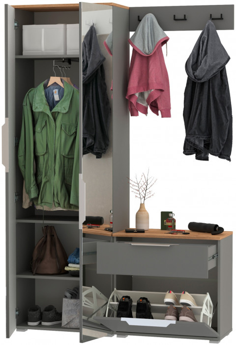 Октава Прихожая 11, цвет серый графит/дуб крафт золотой/фасады МДФ серый графит, ШхГхВ 129,3х35,4х197,6 см., универсальная сборка