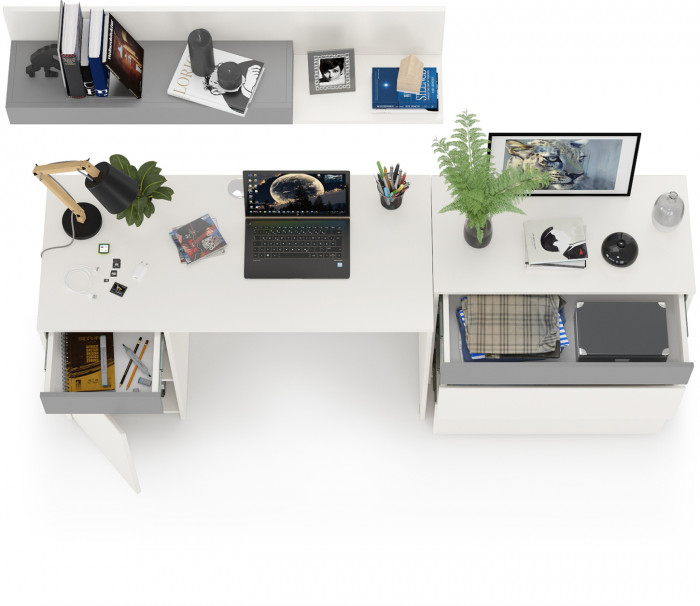 Торонто 12.149 Стол + 13.321 Комод + 16.475 Полка, цвет белый шагрень/стальной серый, ШхГхВ 200х53,1х150 см., универсальная сборка