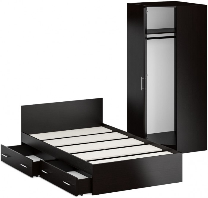 Кровать с ящиками 1200 + Шкаф угловой Стандарт, цвет венге, ШхГхВ 123,5х203,5х70 + 81,2х81,2х200 см., сп.м. 1200х2000 мм., без матраса, основание есть