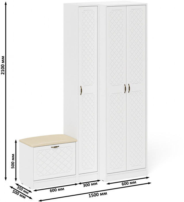 Прихожая П-6 Компоновка № 25, цвет белая шагрень/фасады МДФ белое дерево фрезеровка ромб, ШхГхВ 150х50х210 см., универсальная сборка