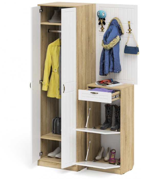 Прихожая П-6 Компоновка № 18, дуб сонома/фасады МДФ белое дерево фрезеровка прованс