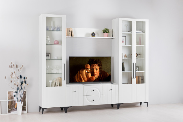 Валенсия Гостиная 13.218 Шкаф-пенал, ЛДСП белый шагрень/МДФ белый шагрень