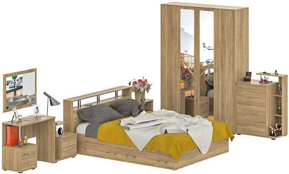 Камелия спальня № 10 Кровать с ящиками 1600 + Две тумбы + Стол косм. + Зеркало + Комод + Шкаф, дуб сонома