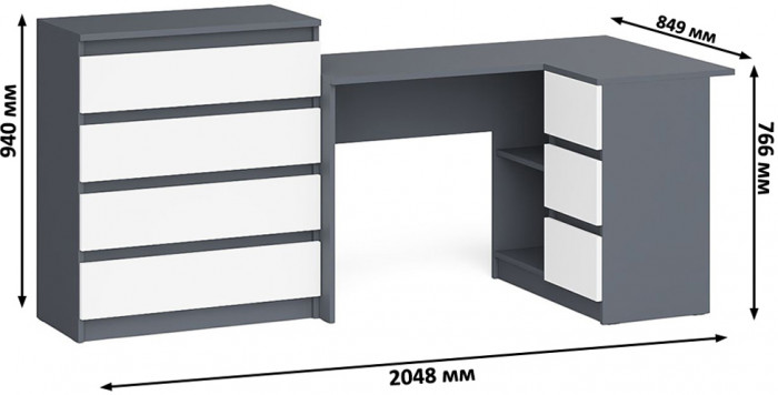 Мори компьютерный стол МС-16 правый + Комод МК800.4, графит/белый