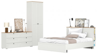 Остин 11.53 Кровать + ортопед + 16.307 Шкаф + 16.240 Комод, белый шагрень/дуб крафт золотой