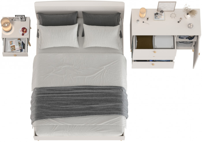 Афина Спальня Кровать 1400 + Комод + Тумба, цвет кашемир серый, ШхГхВ 144,6х210,2х95,7 + 110х45,3х83 + 45х37х45 см., 1400х2000 мм., б/м, осн. есть