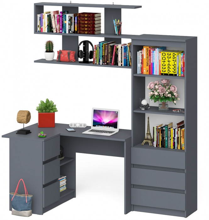 Мори компьютерный стол МС-16 левый + Стеллаж МСТ600.3 + Полка 1200, графит