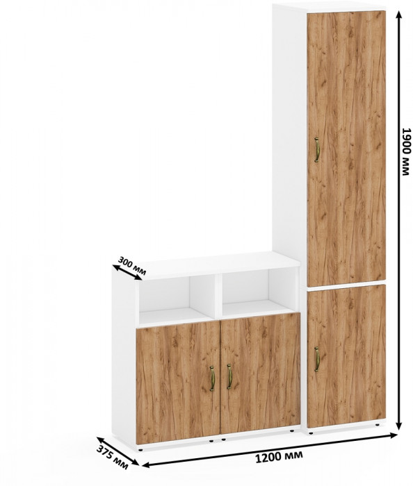 Лидер-8 Пенал МД 21Б + Тумба МД 3.19 + Тумба МД 3.19, цвет белый шагрень/крафт золото, ШхГхВ 120х37,5х190 см., универсальная сборка