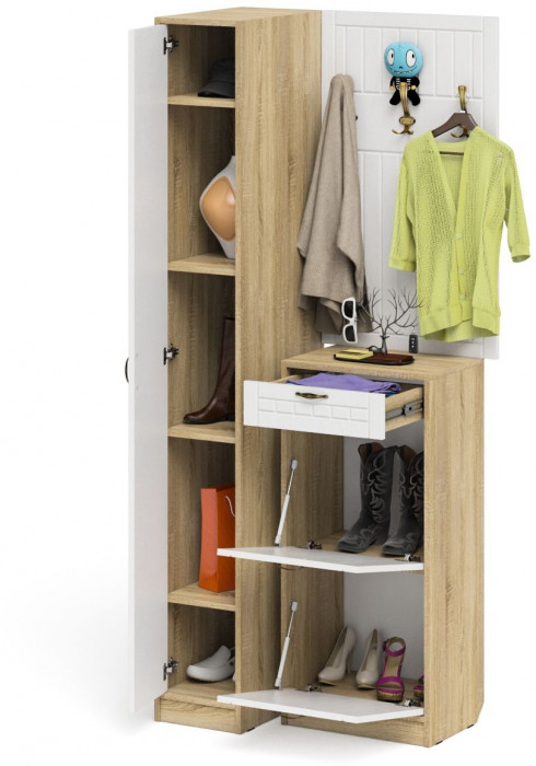 Прихожая П-6 Компоновка № 44, дуб сонома/фасады МДФ белое дерево фрезеровка прованс