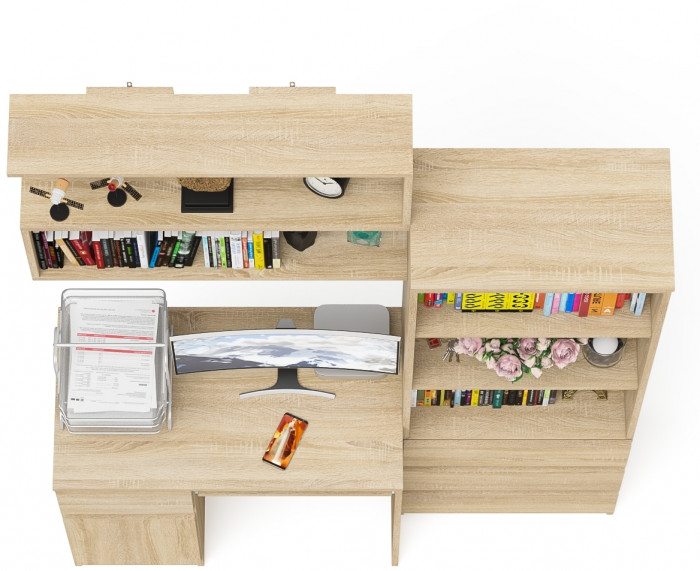 Мори компьютерный стол МС-1 левый + Стеллаж МСТ600.3 + Полка 900, дуб сонома