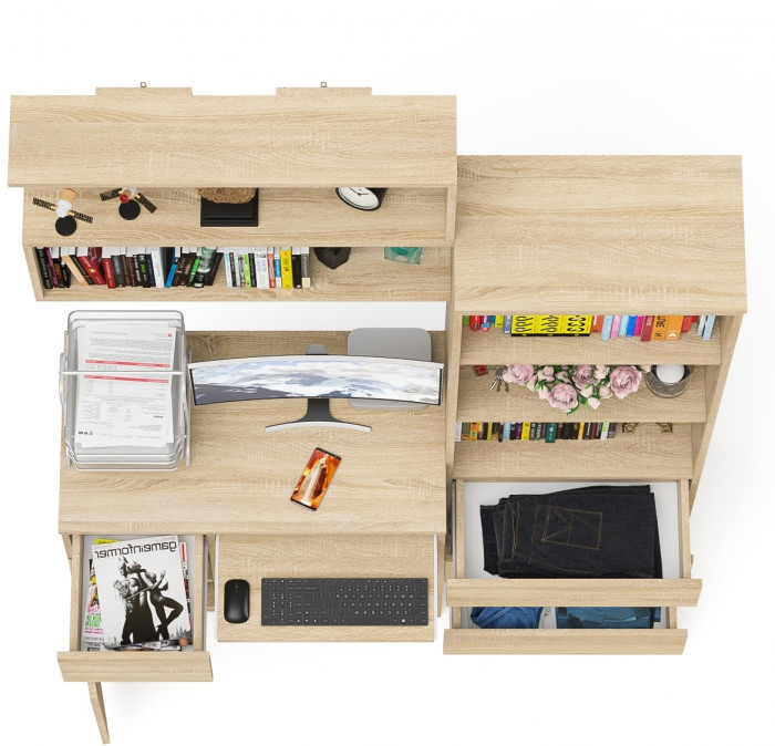 Мори компьютерный стол МС-1 левый + Стеллаж МСТ600.3 + Полка 900, дуб сонома