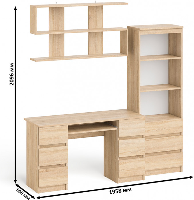 Мори компьютерный стол МС-2 + Стеллаж МСТ600.3 + Полка 1200, дуб сонома