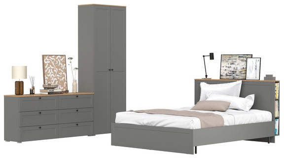 Остин 11.53 Кровать + ортопед + 16.307 Шкаф + 16.240 Комод, серый графит/дуб крафт золотой