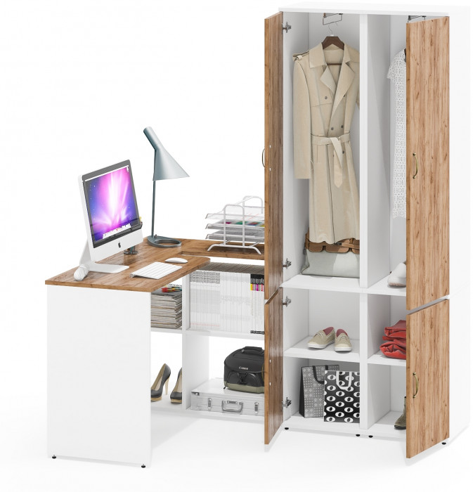 Лидер-8 Стол + Пенал МД 21Б + Пенал МД 21Б, цвет белый шагрень/крафт золото, ШхГхВ 245х50/37,5х75/190 или 115х160/50х75/190 см., НЕ ун. сборка