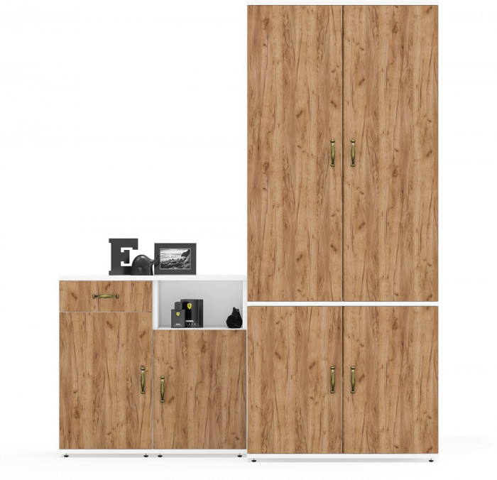 Лидер-8 Шкаф МД 19Б + Тумба МД 3.15 + Тумба МД 3.19, цвет белый шагрень/крафт золото, ШхГхВ 160х50х190 см., универсальная сборка