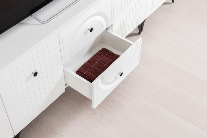 Валенсия Гостиная № 060, цвет ЛДСП белый шагрень/МДФ белый шагрень, ШхГхВ 272,2х38,3х225,2 см., ниша для ТВ 133х38х117 см., универсальная сборка