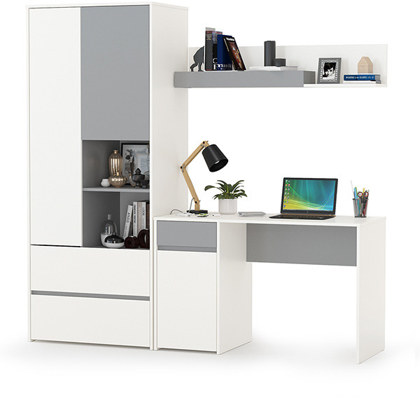 Торонто 12.149 Стол + 13.333 Шкаф для одежды + 16.475 Полка, цвет белый шагрень/стальной серый, ШхГхВ 200х53,1х195,7 см., универсальная сборка