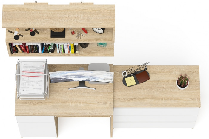 Мори компьютерный стол МС-1 левый + Комод МК800.1 + Полка 900, дуб сонома/белый
