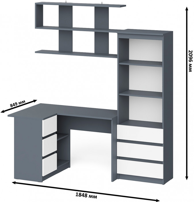 Мори компьютерный стол МС-16 левый + Стеллаж МСТ600.3 + Полка 1200, графит/белый