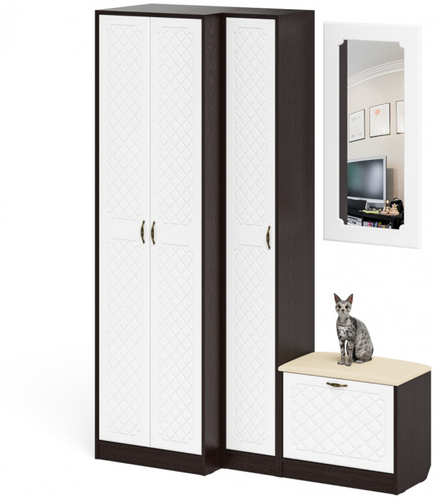 Прихожая П-6 Компоновка № 26, цвет венге/фасады МДФ белое дерево фрезеровка ромб, ШхГхВ 150х50х210 см., универсальная сборка