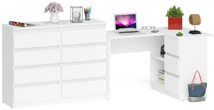 Мори Стол компьютерный МС-16 правый + Комод МК1200.8, цвет белый, ШхГхВ 244,8х84,9х94 см., выдвижные ящики справа, НЕ универсальная сборка