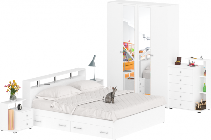 Камелия спальня № 11 Кровать с ящиками 1800 + Две тумбы + Комод + Шкаф 4-х створчатый, белый