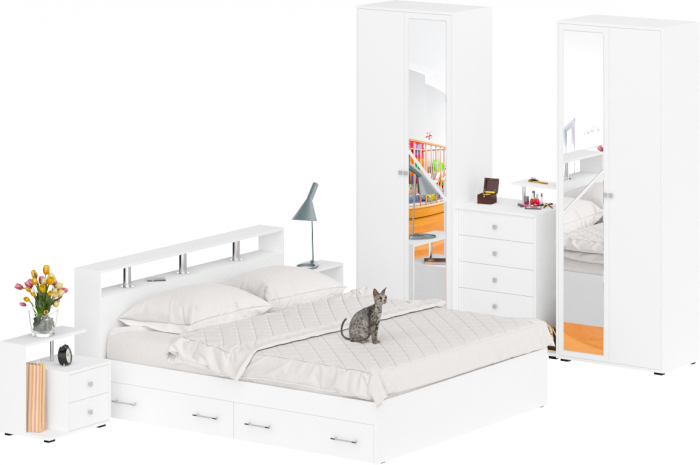 Камелия спальня № 11 Кровать с ящиками 1800 + Две тумбы + Комод + Шкаф 4-х створчатый, белый