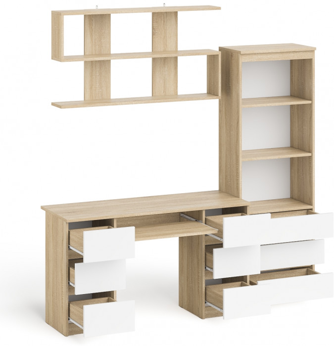 Мори компьютерный стол МС-2 + Стеллаж МСТ600.3 + Полка 1200, дуб сонома/белый