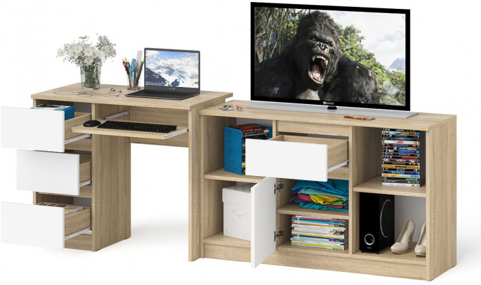 Мори компьютерный стол МС-6 левый + Тумба МТВ1204.1, дуб сонома/белый