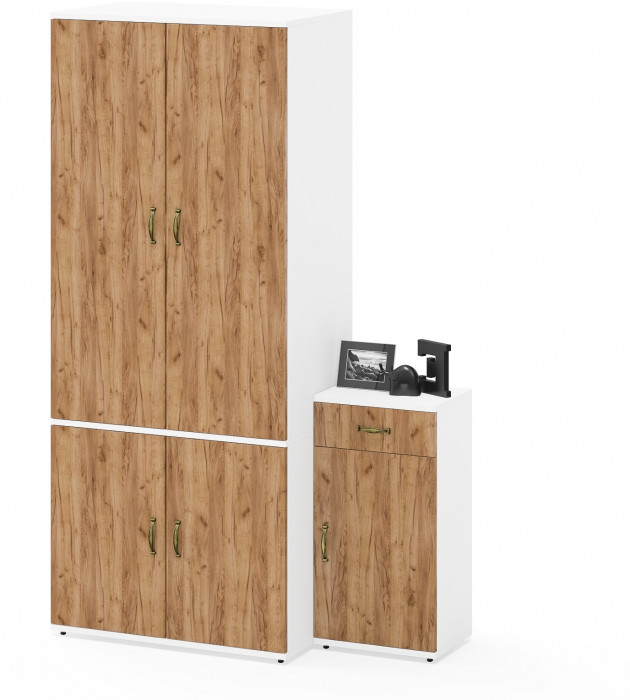 Лидер-8 Шкаф МД 19Б + Тумба МД 3.15, цвет белый шагрень/крафт золото, ШхГхВ 120х50х190 см., универсальная сборка