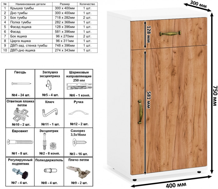 Лидер-8 Шкаф МД 19Б + Тумба МД 3.15, цвет белый шагрень/крафт золото, ШхГхВ 120х50х190 см., универсальная сборка