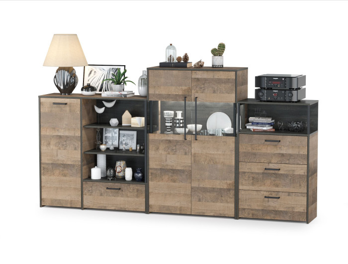 Трувор 13.307.01 Комод + 13.306 Комод с витриной + 13.307.02 Комод с ящиками, цвет дуб гранж песочный/интра, ШхГхВ 260,8х37х135,3 см., ун. сборка