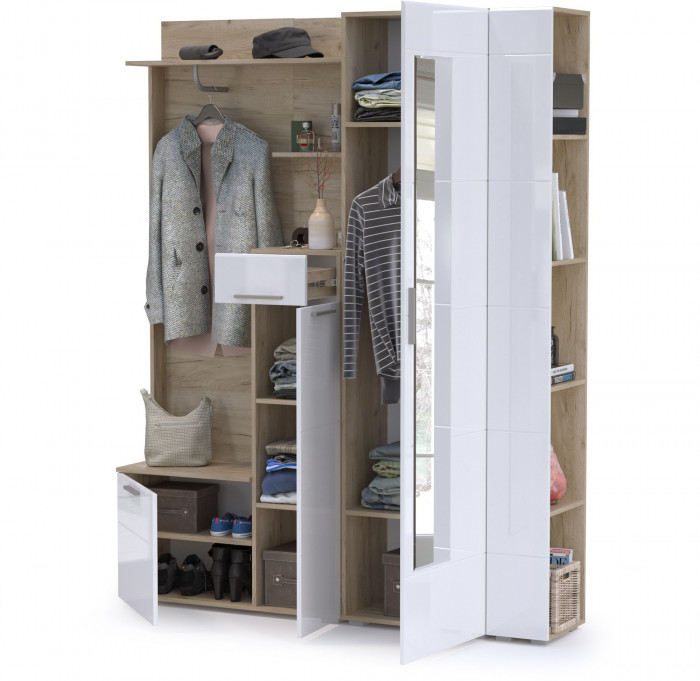 Лайн Прихожая № 08, дуб крафт серый/фасады МДФ белый глянец