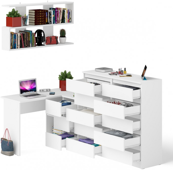 Мори компьютерный стол МС-16 правый + Комод МК1200.10 + Полка 1200, белый