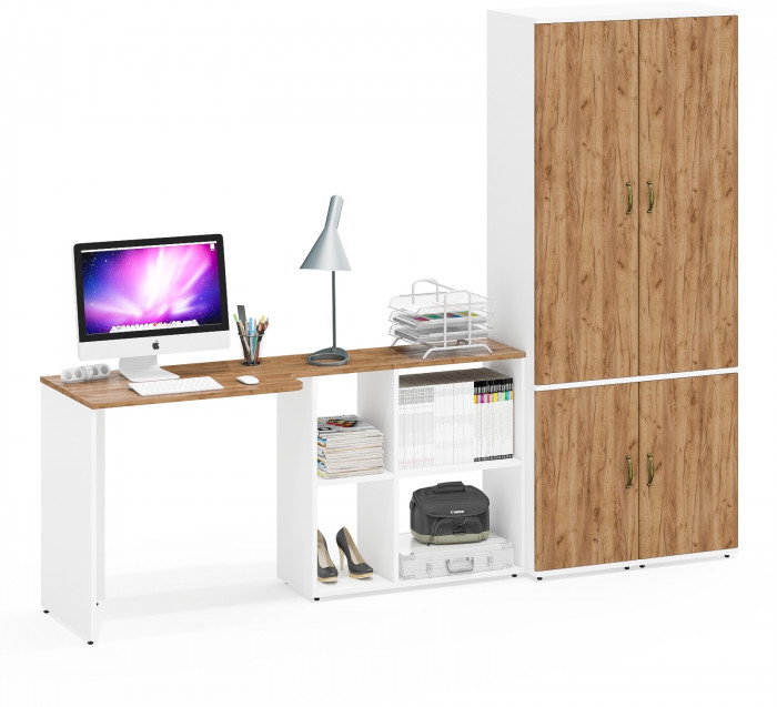 Лидер-8 Стол + Пенал МД 22Б + Пенал МД 22Б, цвет белый шагрень/крафт золото, ШхГхВ 245х50/37,5х75/190 или 115х160/50х75/190 см., НЕ ун. сборка