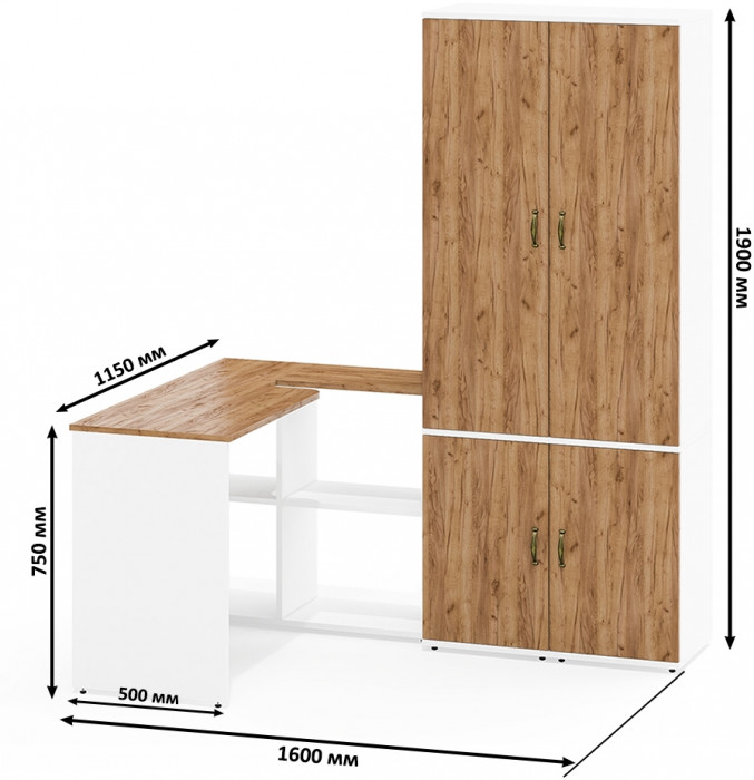 Лидер-8 Стол + Пенал МД 22Б + Пенал МД 22Б, цвет белый шагрень/крафт золото, ШхГхВ 245х50/37,5х75/190 или 115х160/50х75/190 см., НЕ ун. сборка