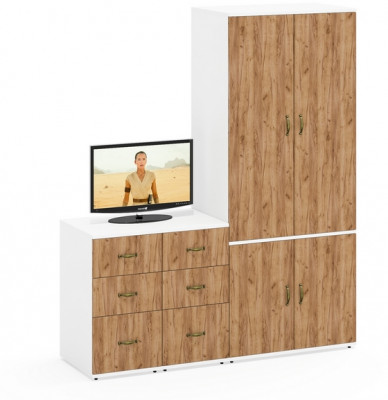 Лидер-8 Шкаф МД 19Б + Тумба МД 3.16 + Тумба МД 3.16, цвет белый шагрень/крафт золото, ШхГхВ 160х50х190 см., универсальная сборка