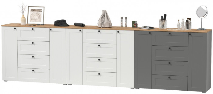 Остин 16.221 Комод + 16.221 Комод + 16.221 Комод, цвет белый шагрень/серый графит/дуб крафт золотой, ШхГхВ 360х41,9х99,3 см., универсальная сборка