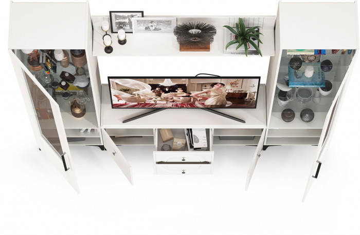 Валенсия Гостиная № 062, цвет ЛДСП белый шагрень/МДФ белый шагрень, ШхГхВ 243,1х38,3х225,2 см., ниша для ТВ 133х38х117 см.