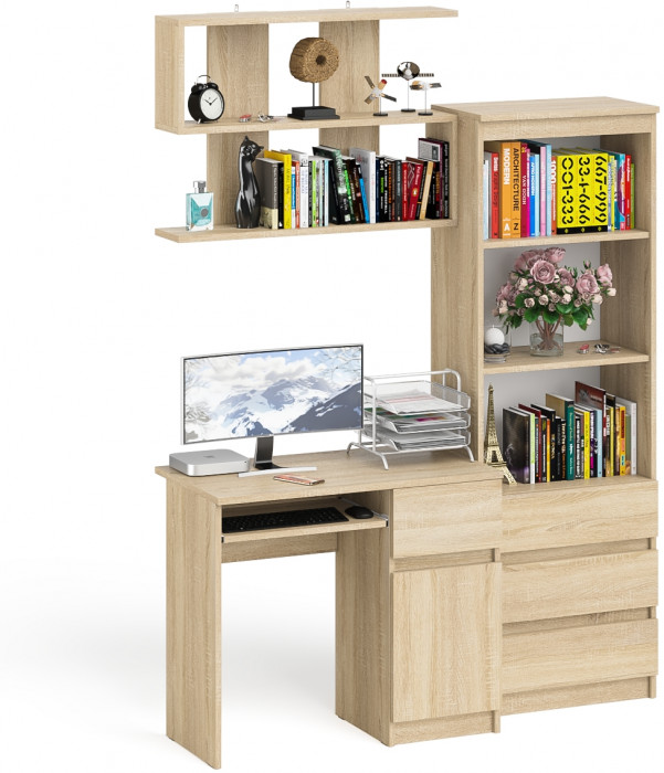 Мори компьютерный стол МС-1 правый + Стеллаж МСТ600.3 + Полка 900, дуб сонома
