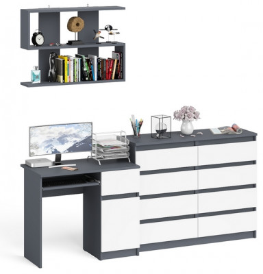 Мори Стол компьютерный МС-1 правый + Комод МК1200.8 + Полка 900, цвет графит/белый, ШхГхВ 210,4х50х209,6 см., НЕ универсальная сборка