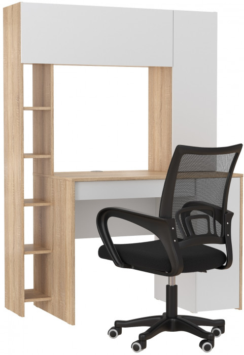 КР100 Стол компьютерный Комфорт 12.71 + кресло 103 чёрное, цвет дуб сонома/белый, ШхГхВ 116,7х60,2х165,4 см., НЕ универсальная сборка