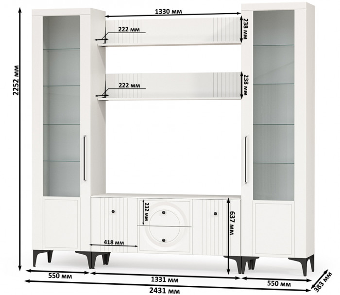 Валенсия Гостиная № 063, цвет ЛДСП белый шагрень/МДФ белый шагрень, ШхГхВ 243,1х38,3х225,2 см., ниша для ТВ 133х38х117 см.