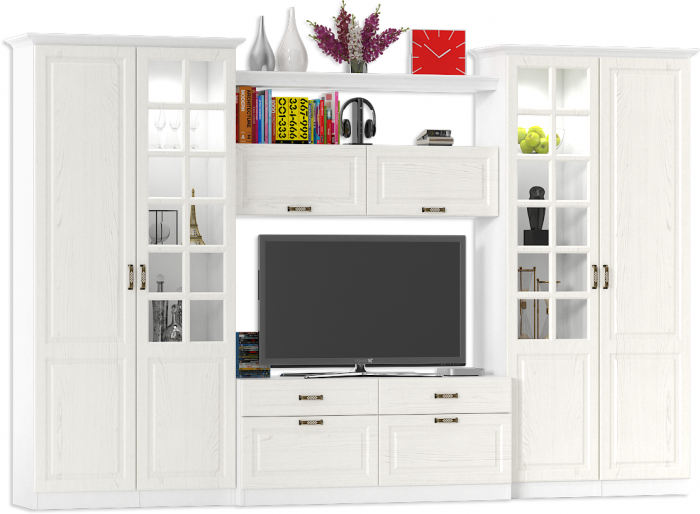 Ливерпуль Набор мебели 3, цвет ясень ваниль/белый, ШхГхВ 340х49,3х220,3 см.(без учёта карниза), ниша для тв 140х49х90 см.