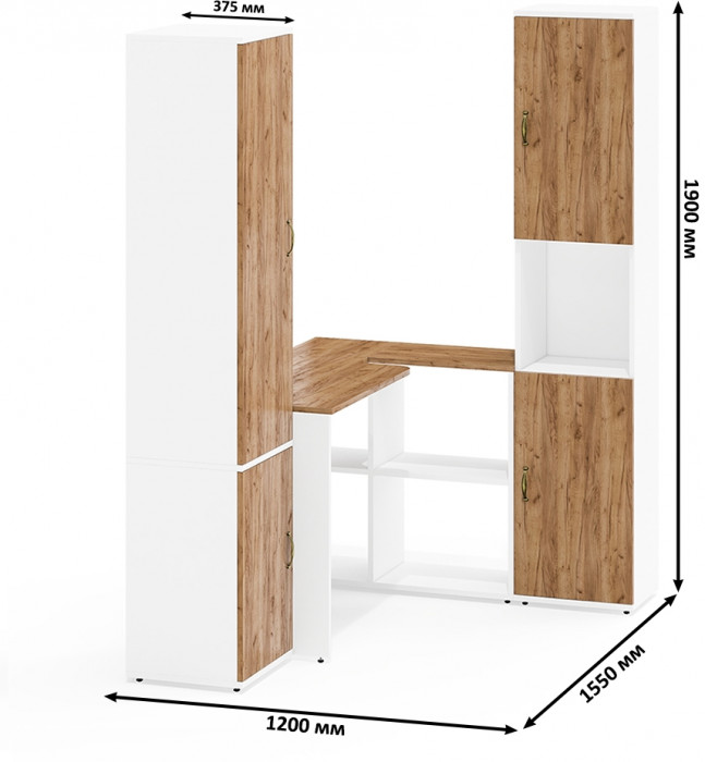 Лидер-8 Пенал МД 22Б + Стол + Пенал, цвет белый шагрень/крафт золото, ШхГхВ 245х50/37,5х75/190 или 155х120/50х75/190 см., НЕ универсальная сборка