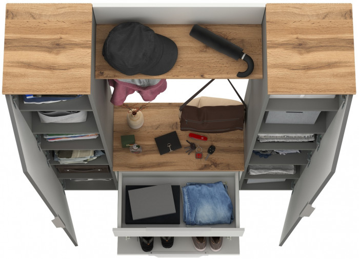 Октава Прихожая 51, цвет белый шагрень/серый графит/дуб крафт золотой/фасады МДФ белый шагрень/серый графит, ШхГхВ 129,3х35,4х197,6 см., ун. сб.