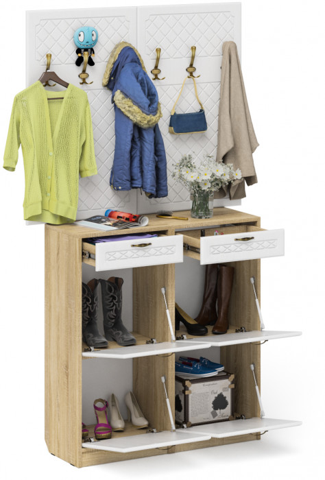 Прихожая П-6 Компоновка № 04, цвет дуб сонома/фасады МДФ белое дерево фрезеровка ромб, ШхГхВ 120х35х200 см.