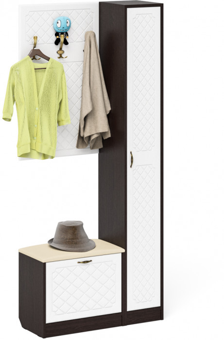 Прихожая П-6 Компоновка № 21, цвет венге/фасады МДФ белое дерево фрезеровка ромб, ШхГхВ 90х35х210 см., универсальная сборка