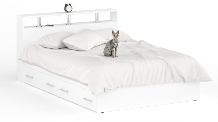 Камелия спальня № 12 Кровать с ящиками 1400 + Две тумбы + Комод + Зеркало, белый